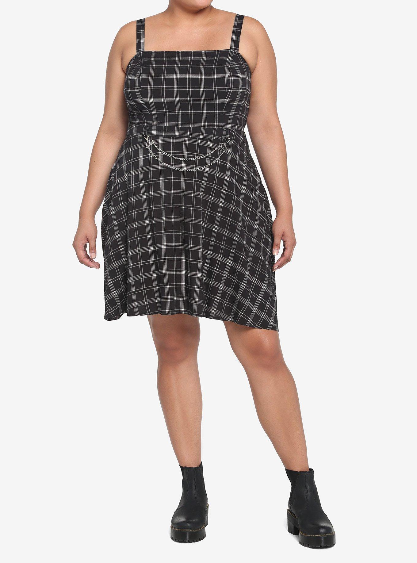 Black & White Plaid Chain Skater Dress Plus Size, PLAID - WHITE, alternate
