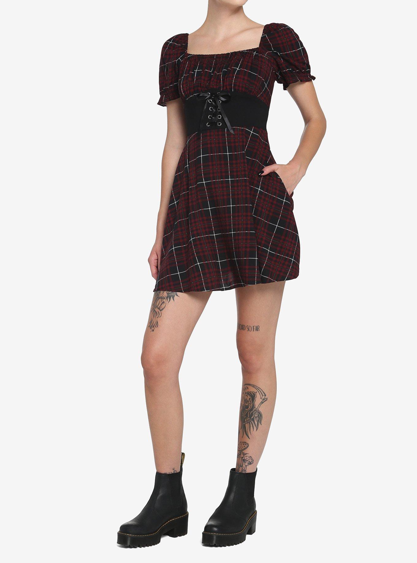 Maroon Plaid Corset Dress, PLAID - RED, alternate
