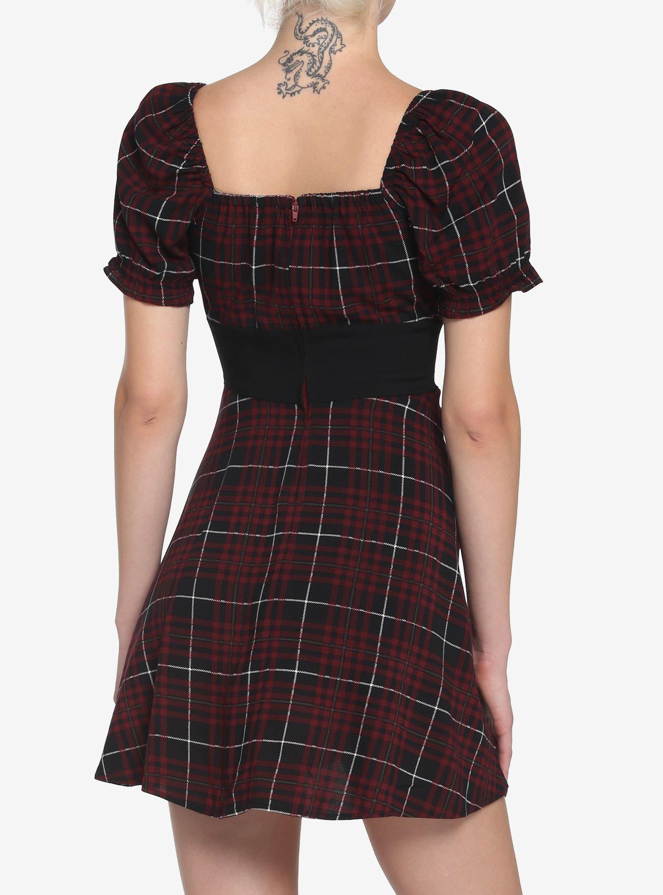 Maroon Plaid Corset Dress, PLAID - RED, alternate