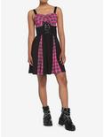 Pink Plaid & Black Lace-Up Dress, PLAID - PINK, alternate