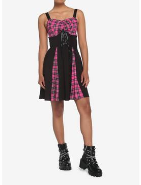 Pink Plaid & Black Lace-Up Dress, , hi-res