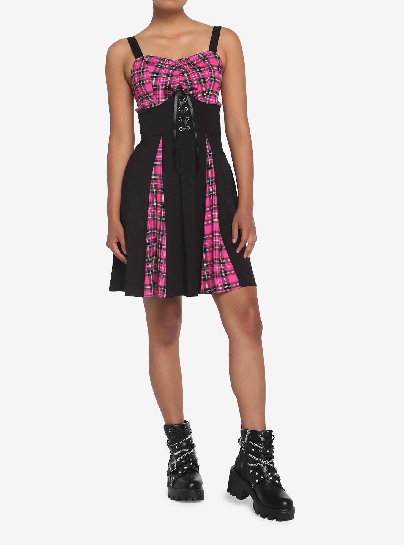 Pink Plaid & Black Lace-Up Dress, PLAID - PINK, alternate
