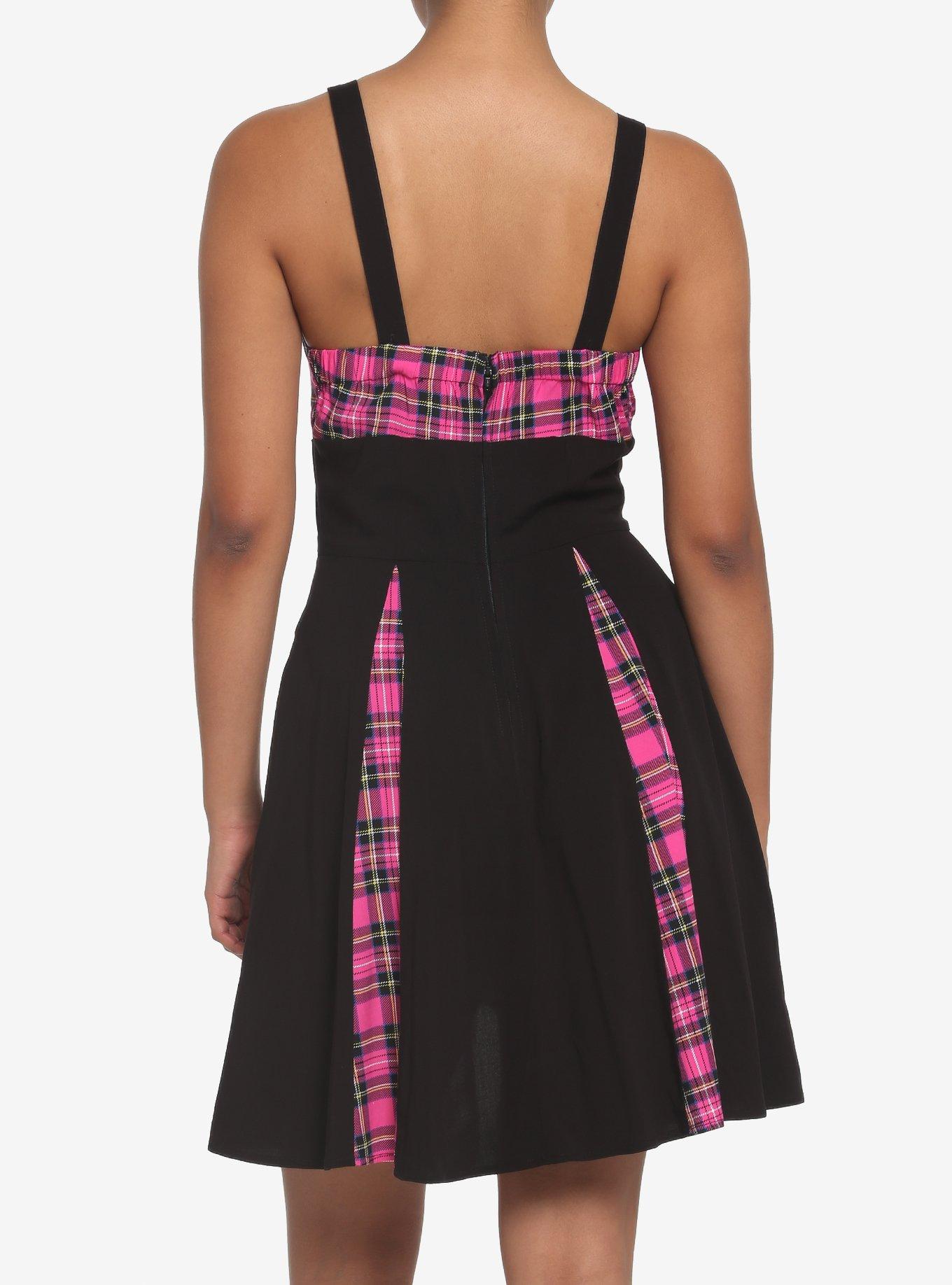 Pink Plaid & Black Lace-Up Dress, PLAID - PINK, alternate