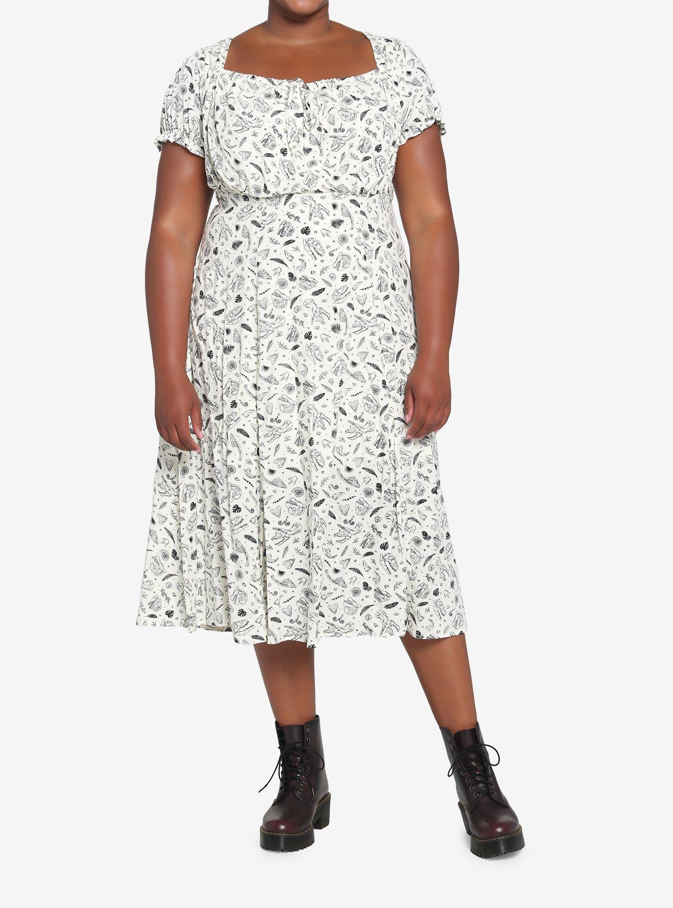 Dinosaur Fossil Empire Midi Dress Plus Size, IVORY, alternate