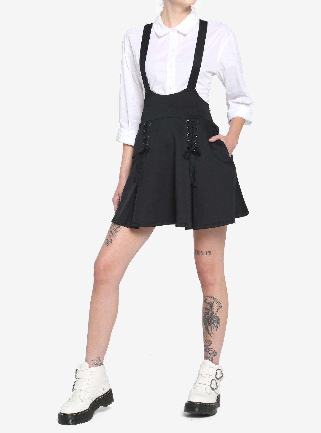 Black Lace-Up Suspender Skirt, BLACK, alternate