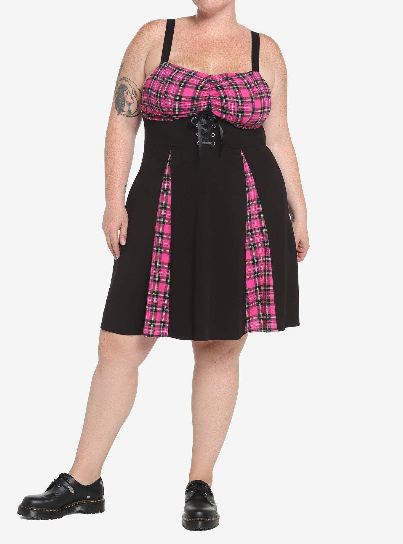 Pink Plaid & Black Lace-Up Dress Plus Size, PLAID - PINK, alternate