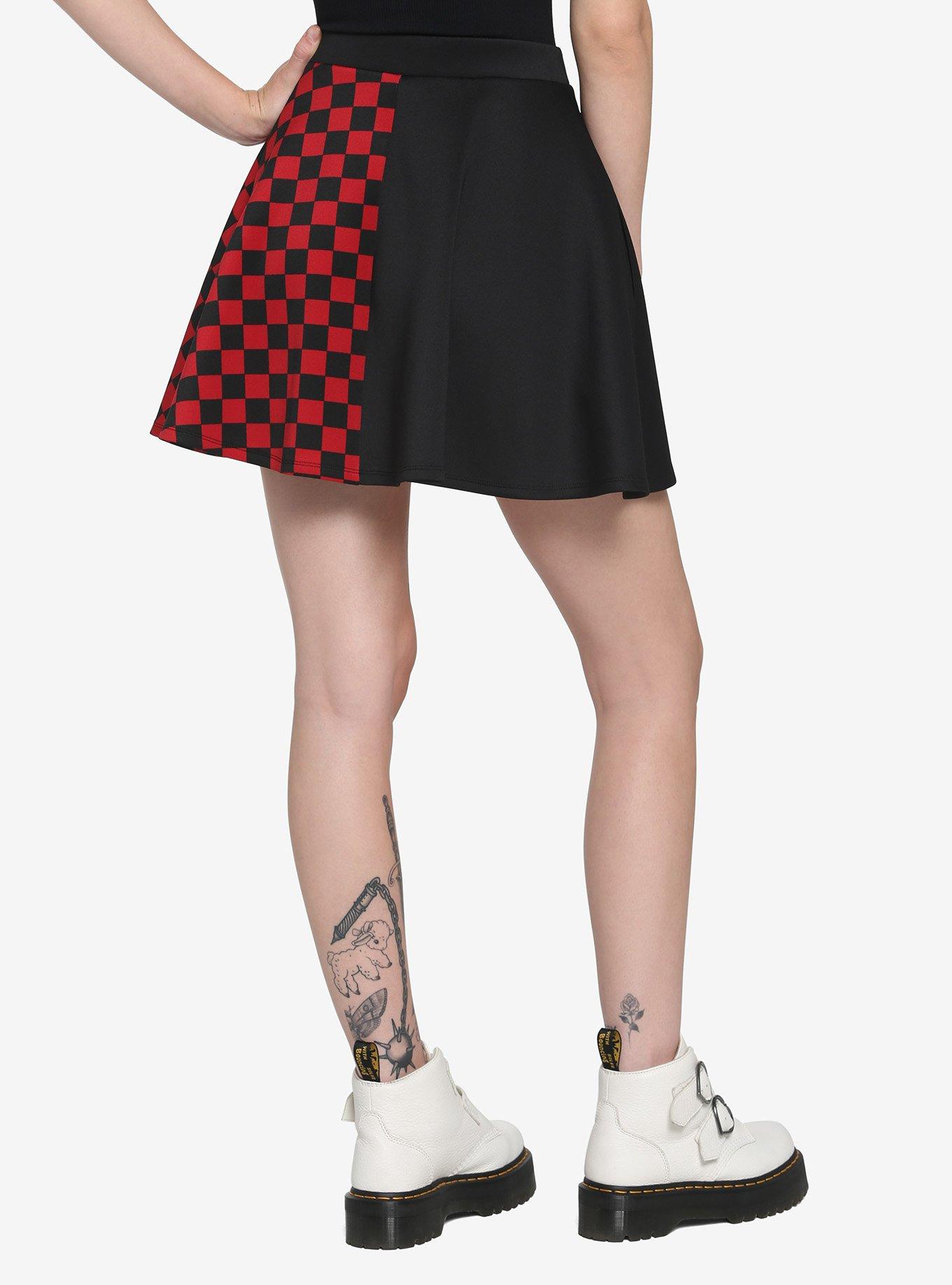 Black & Red Checkered Split O-Ring Skater Skirt, , alternate