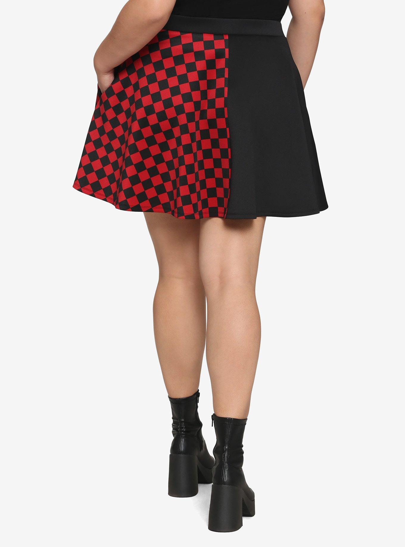 Black & Red Checkered Split O-Ring Skater Skirt Plus Size, , alternate