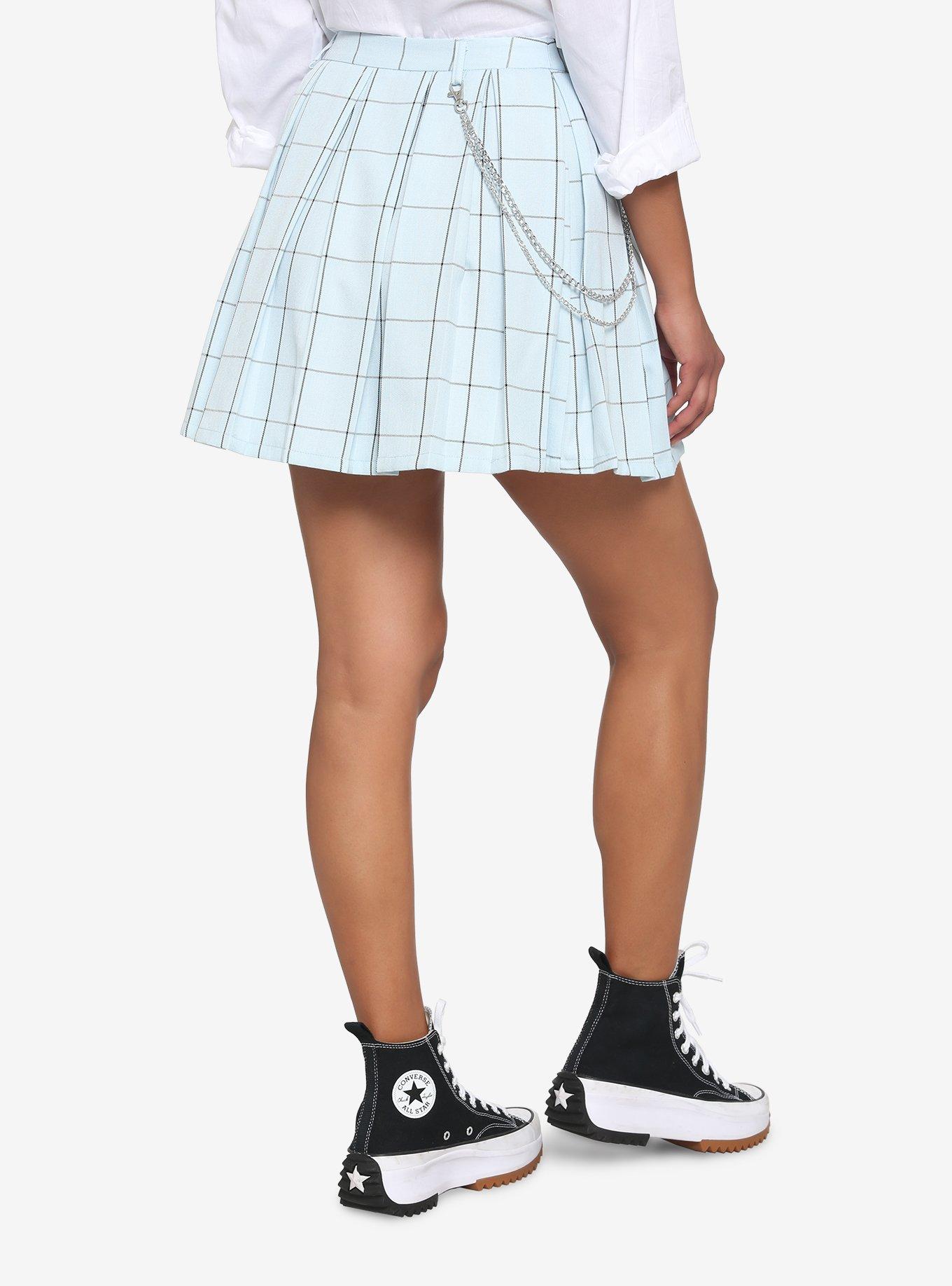 Light Blue Grid Chain Pleated Skirt, PLAID - BLUE, alternate