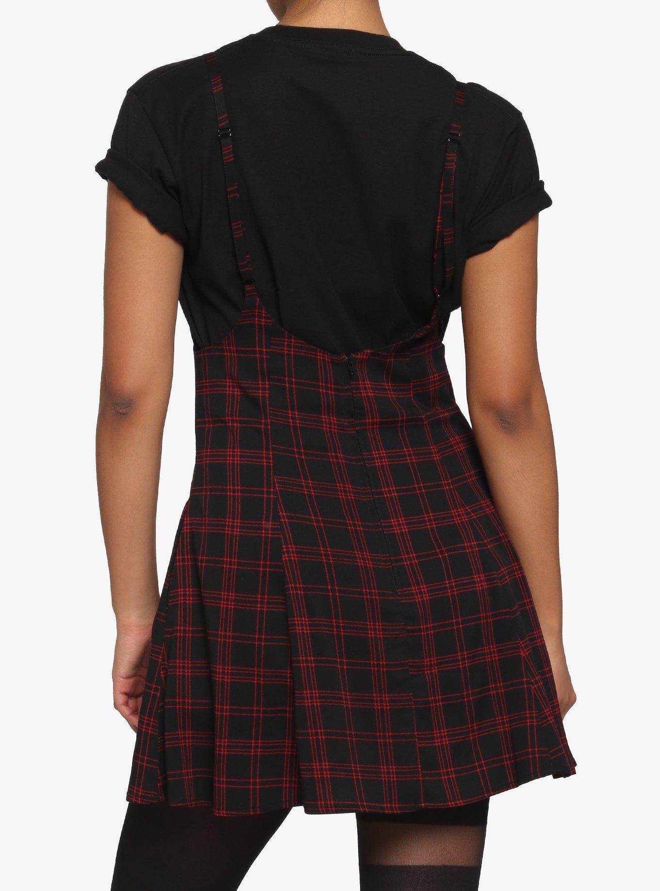 Black & Red Plaid Suspender Skirt, PLAID - RED, alternate