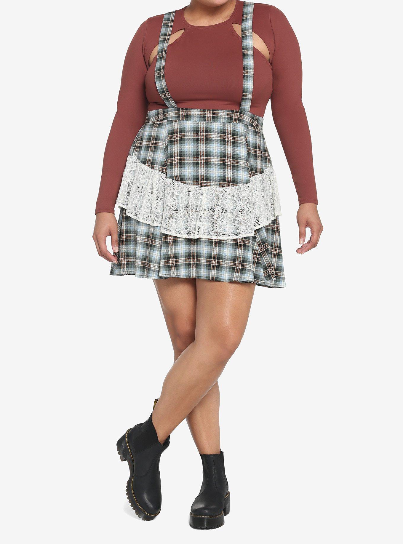 Blue & Grey Plaid Ruffle Suspender Skirt Plus Size, MULTI, alternate