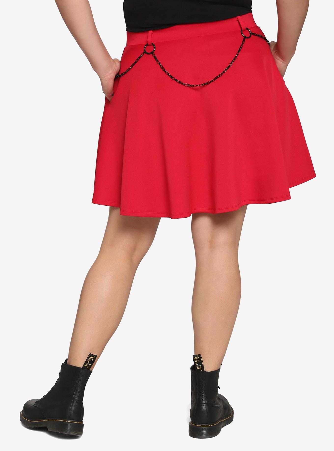 Red Black Chain Skater Skirt Plus Size, RED, alternate