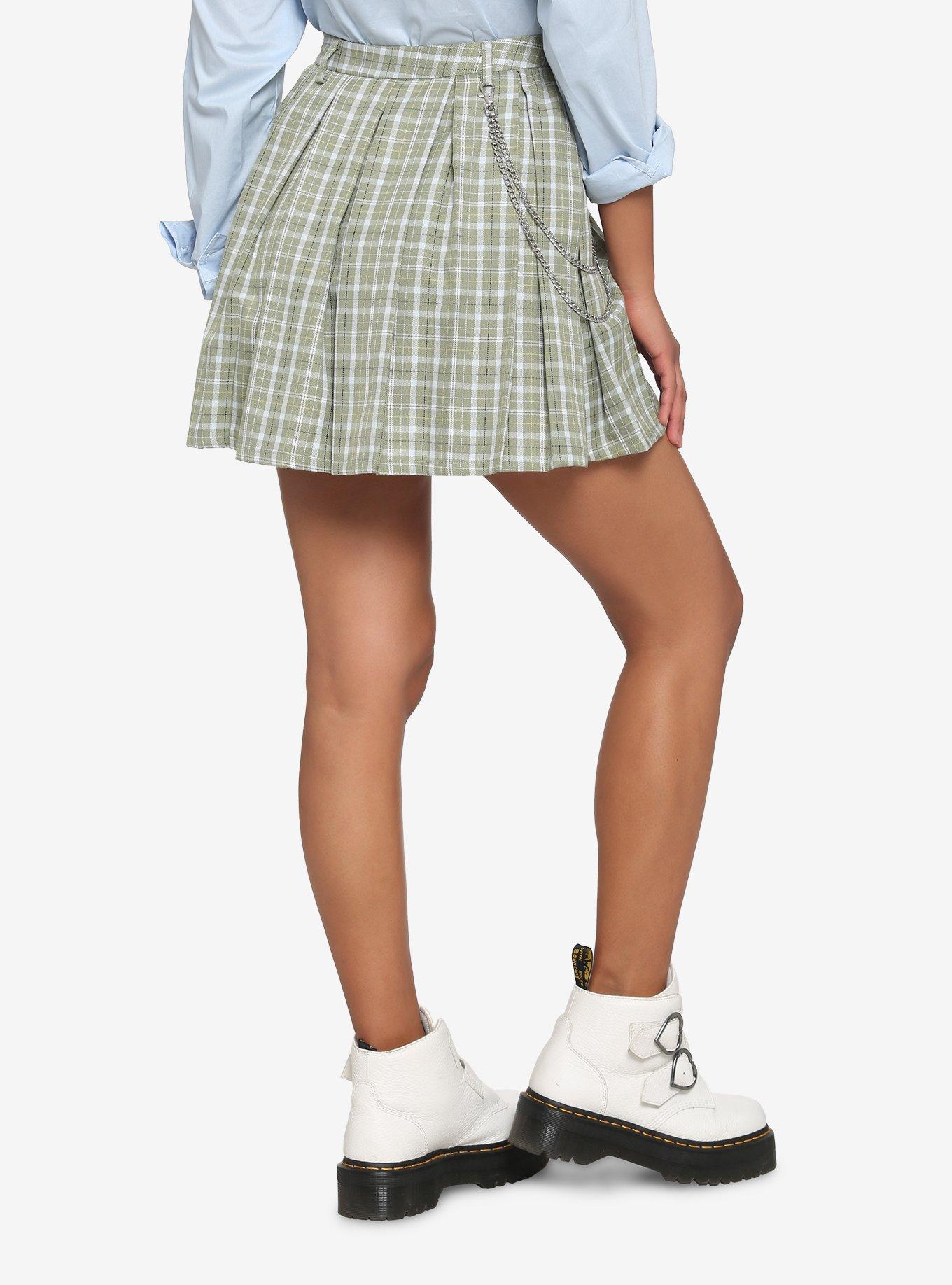 Pastel Green Plaid Chain Pleated Skirt, PLAID - GREEN, alternate