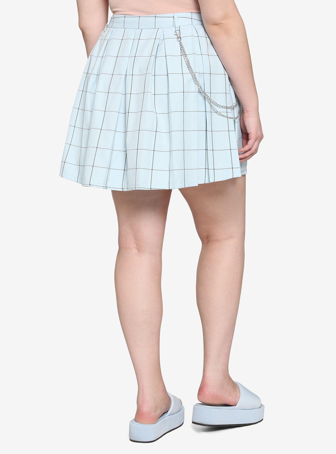 Light Blue Grid Chain Pleated Skirt Plus Size, PLAID - BLUE, alternate