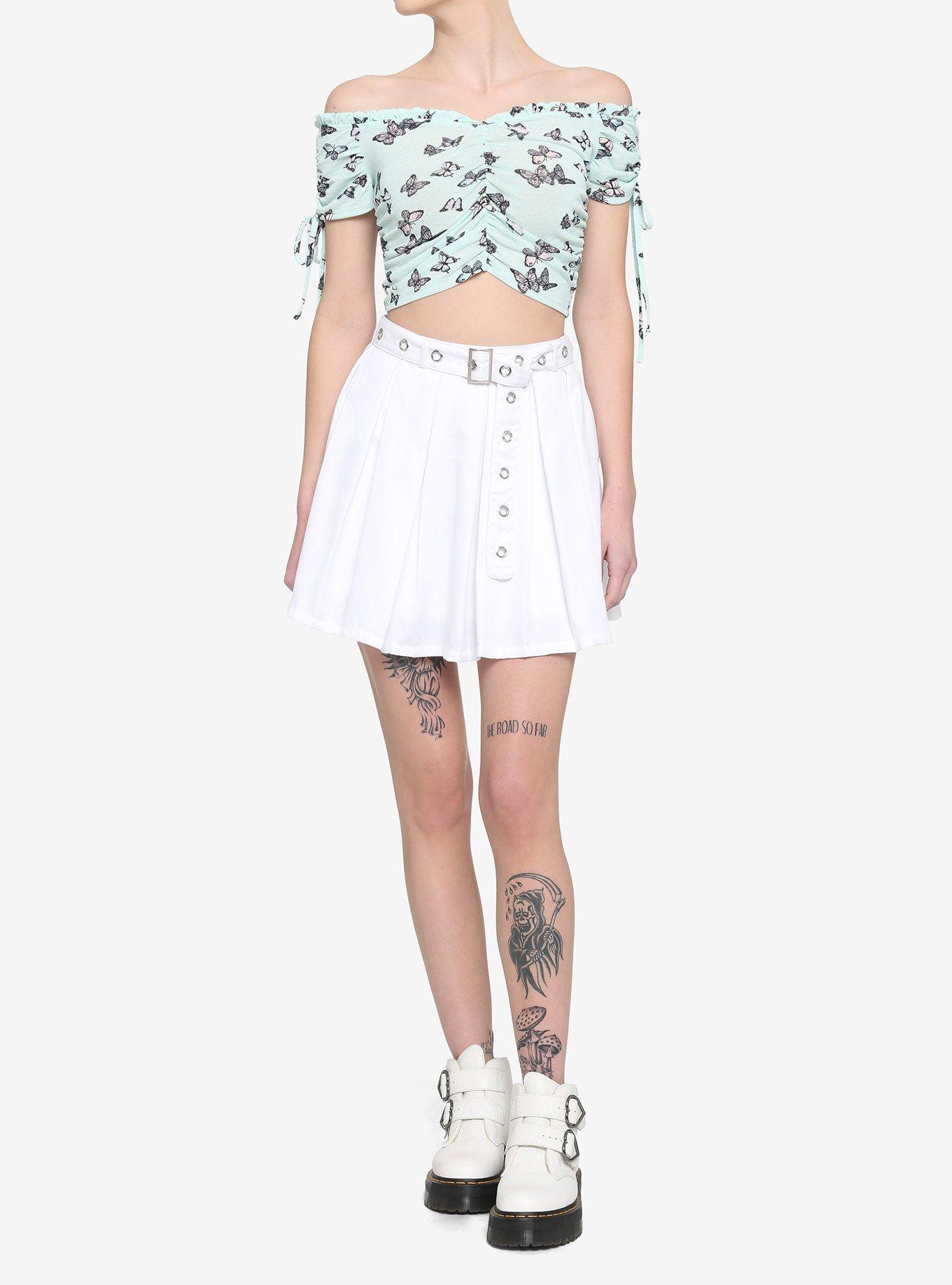 Mint Butterfly Ruched Off-The-Shoulder Girls Crop Top, MULTI, alternate