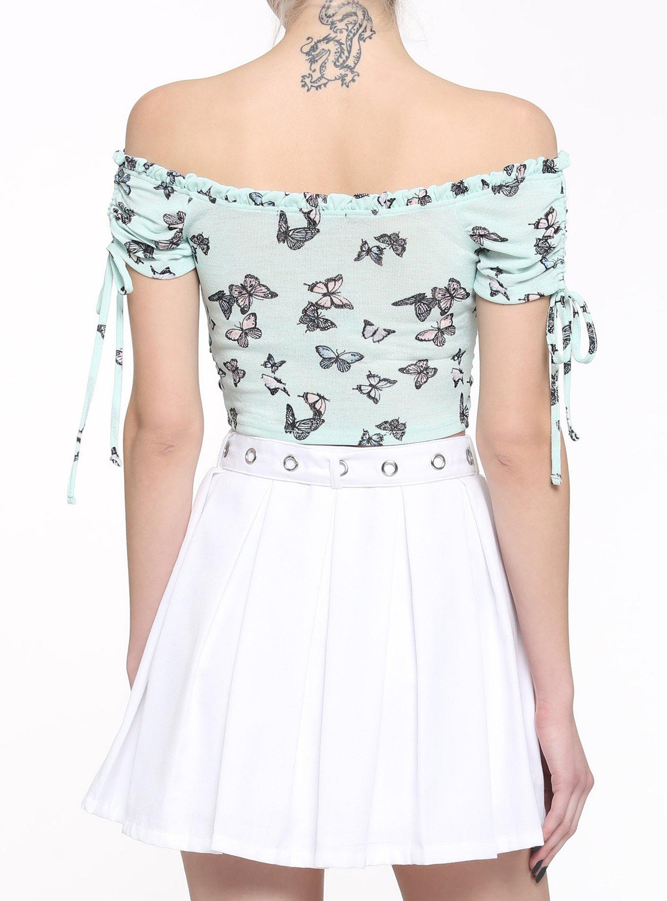 Mint Butterfly Ruched Off-The-Shoulder Girls Crop Top, MULTI, alternate
