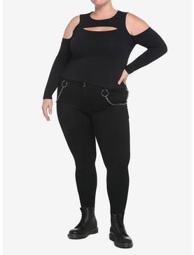 Black Cutout Cold Shoulder Girls Long-Sleeve Top Plus Size, , hi-res