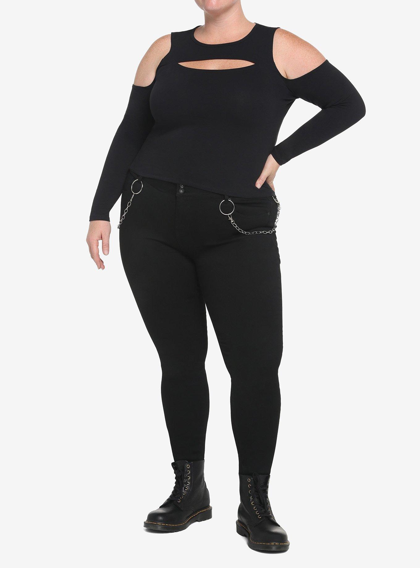 Black Cutout Cold Shoulder Girls Long-Sleeve Top Plus Size, BLACK, alternate