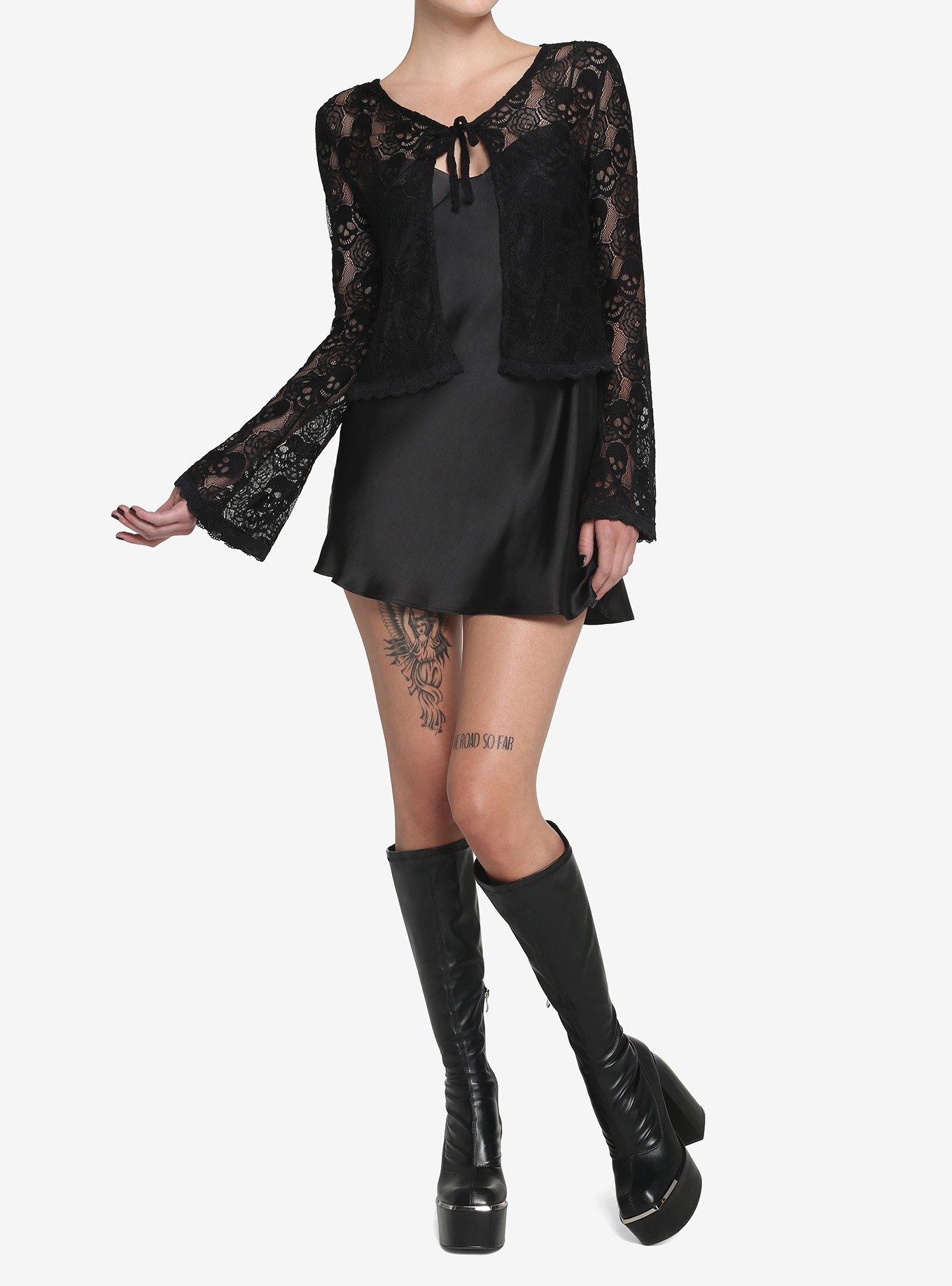 Black Skull Lace Bell Sleeve Girls Shrug, BLACK, alternate