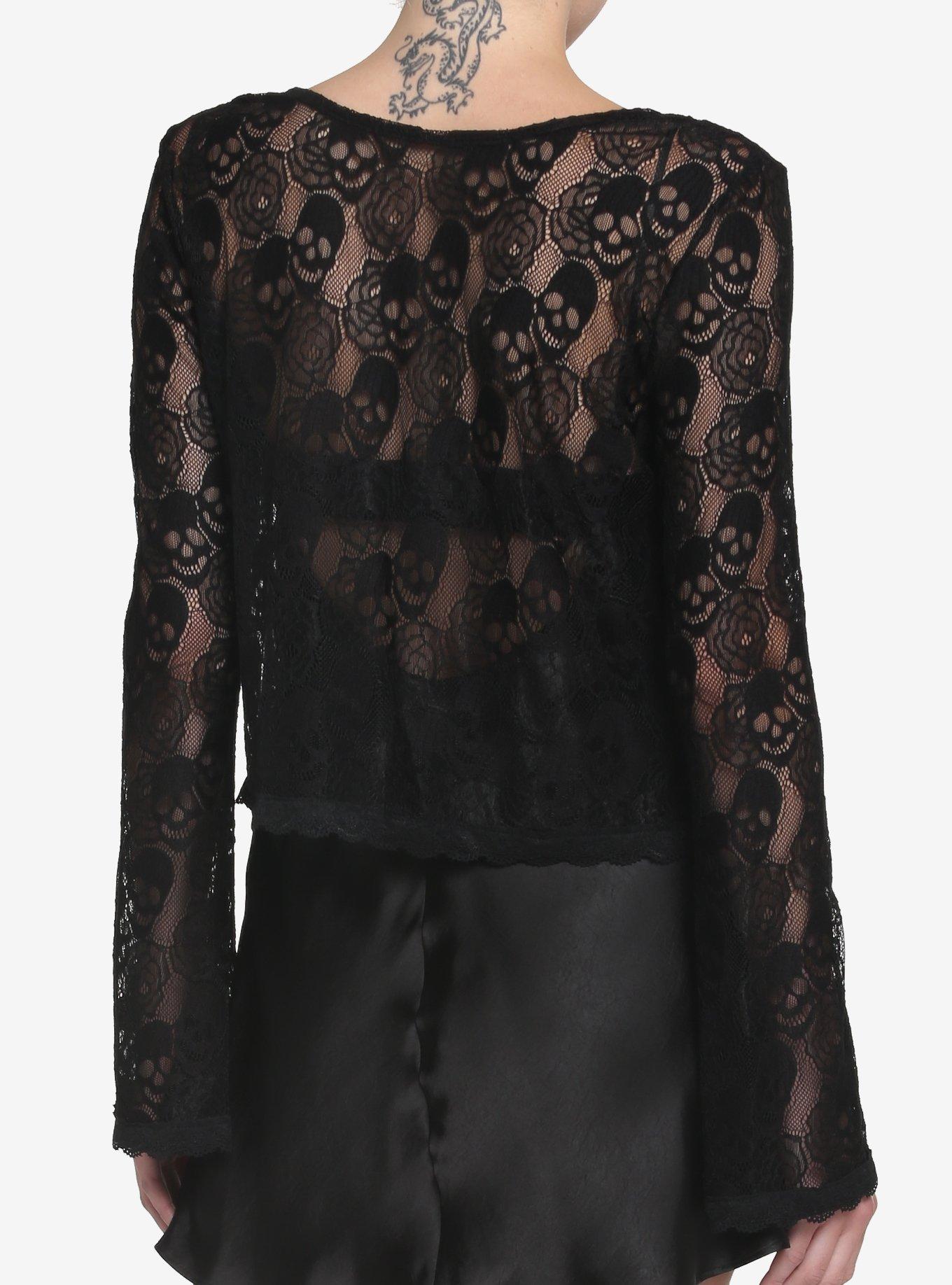 Black Skull Lace Bell Sleeve Girls Shrug, BLACK, alternate