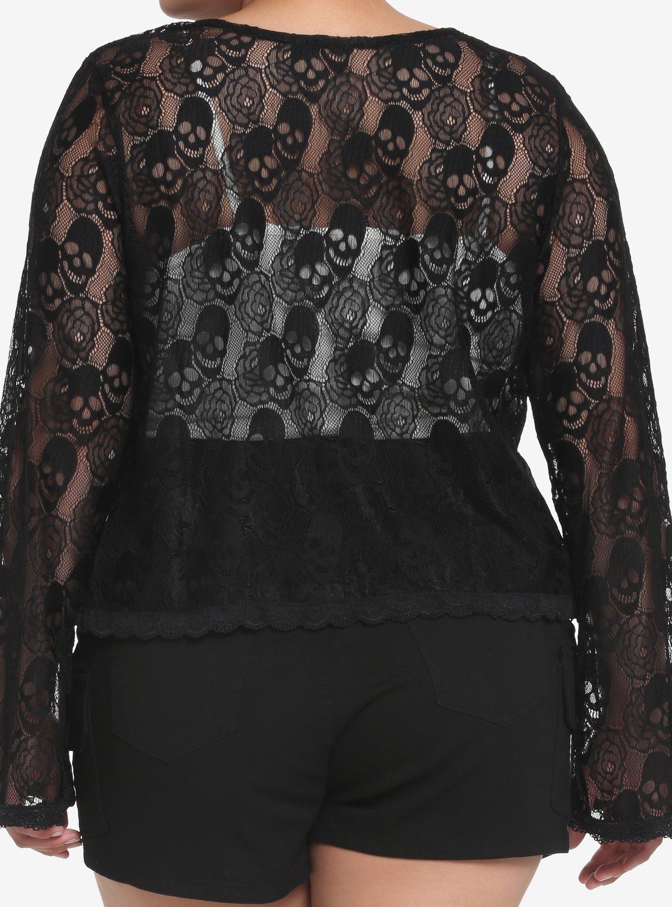 Black Skull Lace Bell Sleeve Girls Shrug Plus Size, BLACK, alternate