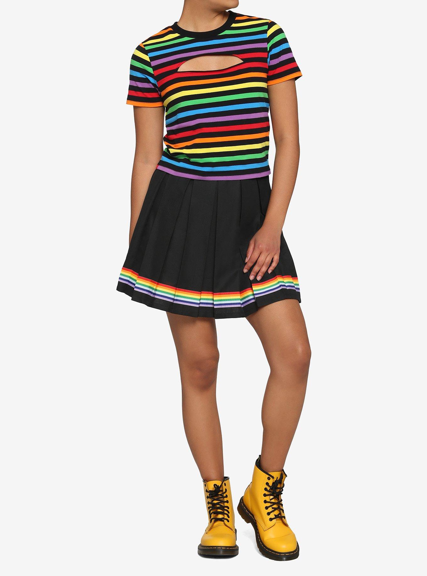 Rainbow Stripe Cutout Girls T-Shirt, STRIPES-RAINBOW, alternate