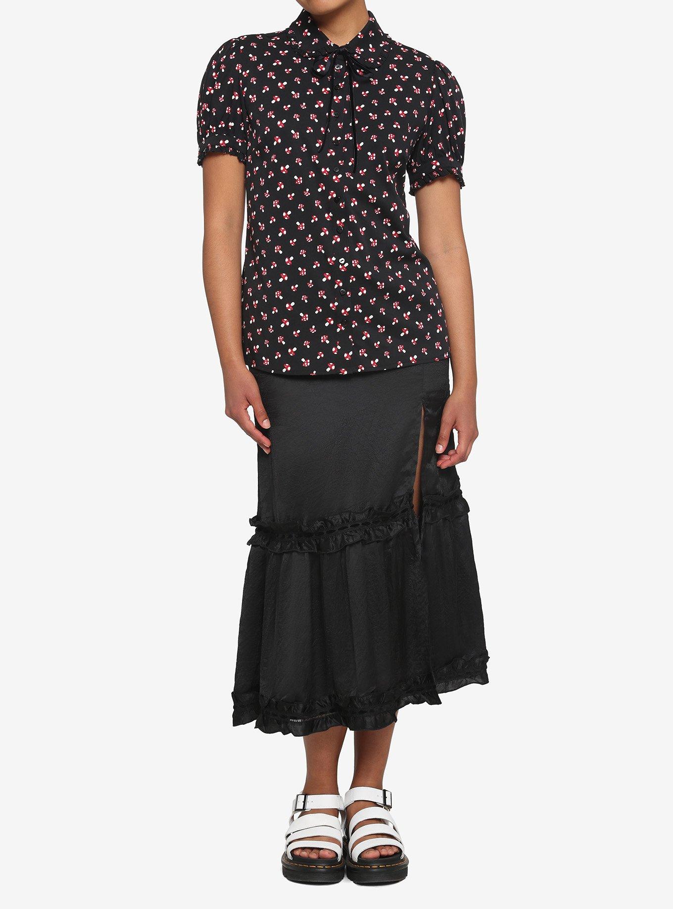 Red Mushroom Puff Sleeve Girls Woven Button-Up, BLACK, alternate