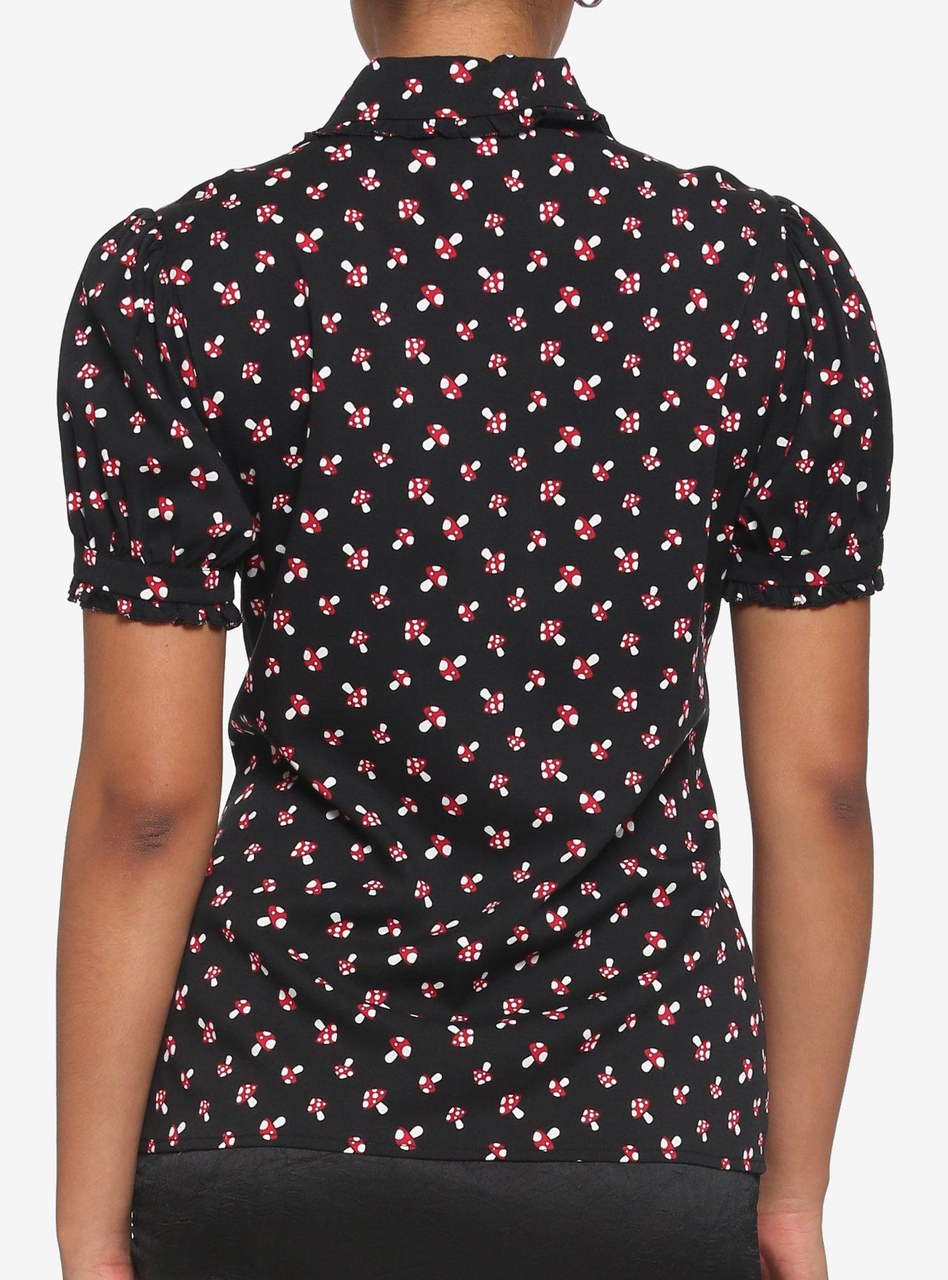 Red Mushroom Puff Sleeve Girls Woven Button-Up, BLACK, alternate