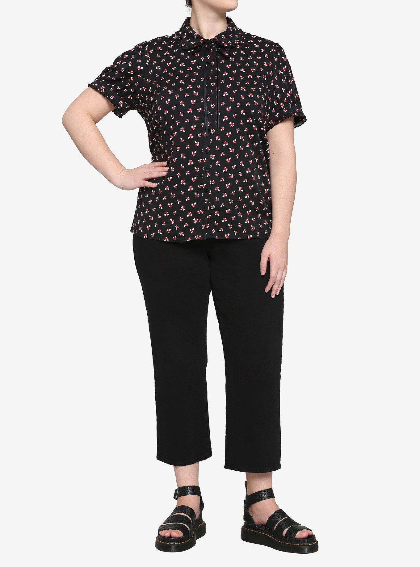 Red Mushroom Puff Sleeve Girls Woven Button-Up Plus Size, BLACK, alternate