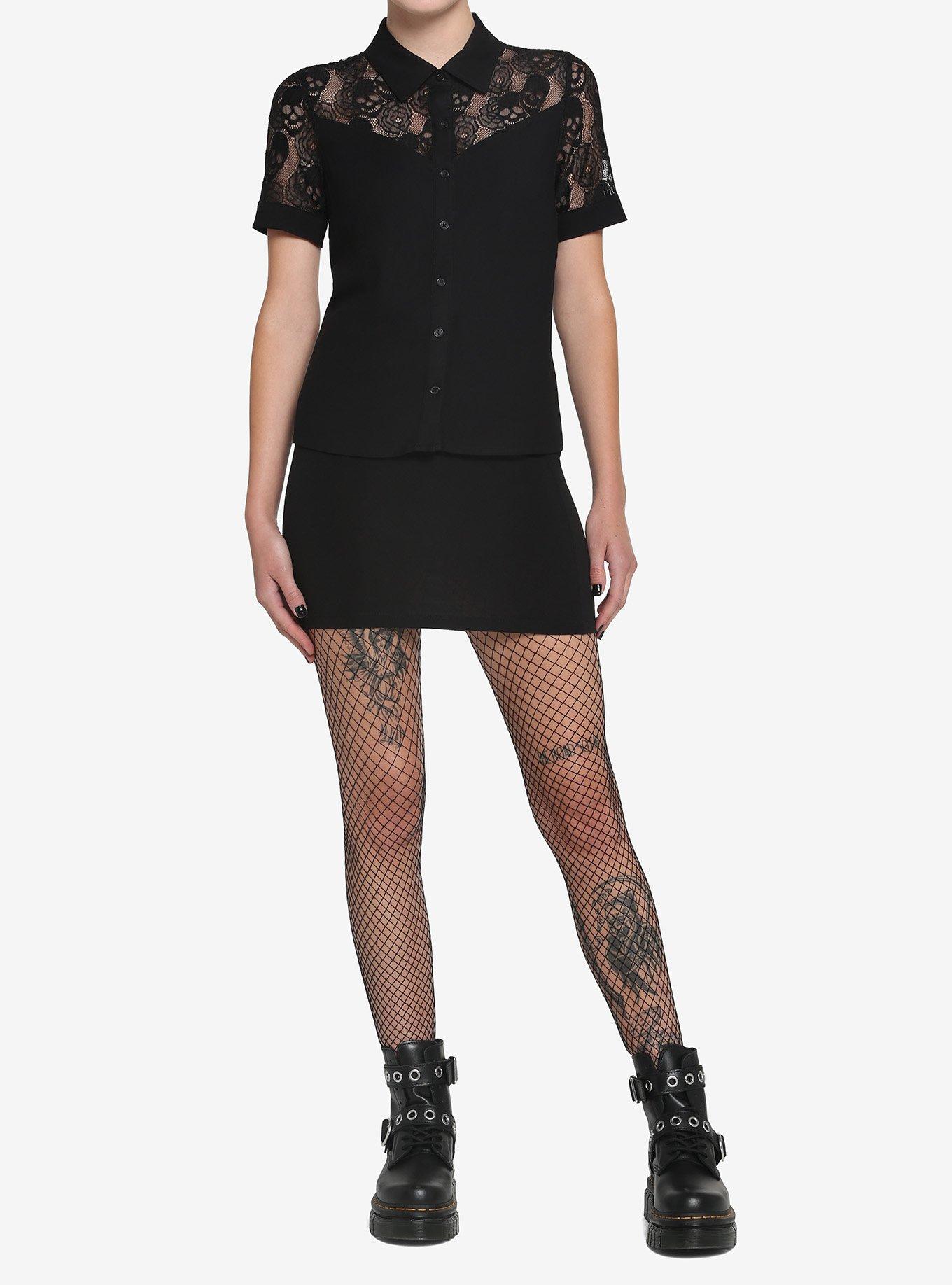 Black Skull Lace Girls Woven Button-Up, BLACK, alternate
