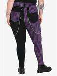 Black & Purple Plaid Split Super Skinny Jeans Plus Size, BLACK  PURPLE, alternate