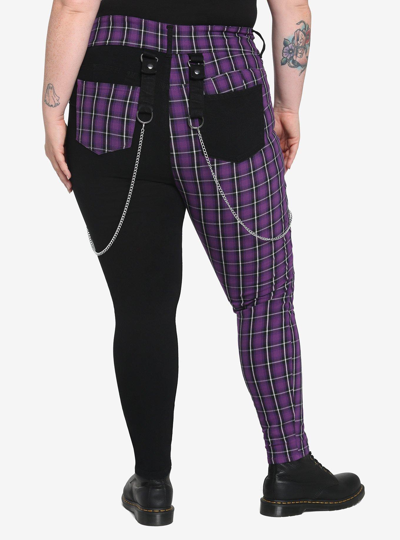 Black & Purple Plaid Split Super Skinny Jeans Plus Size, BLACK  PURPLE, alternate