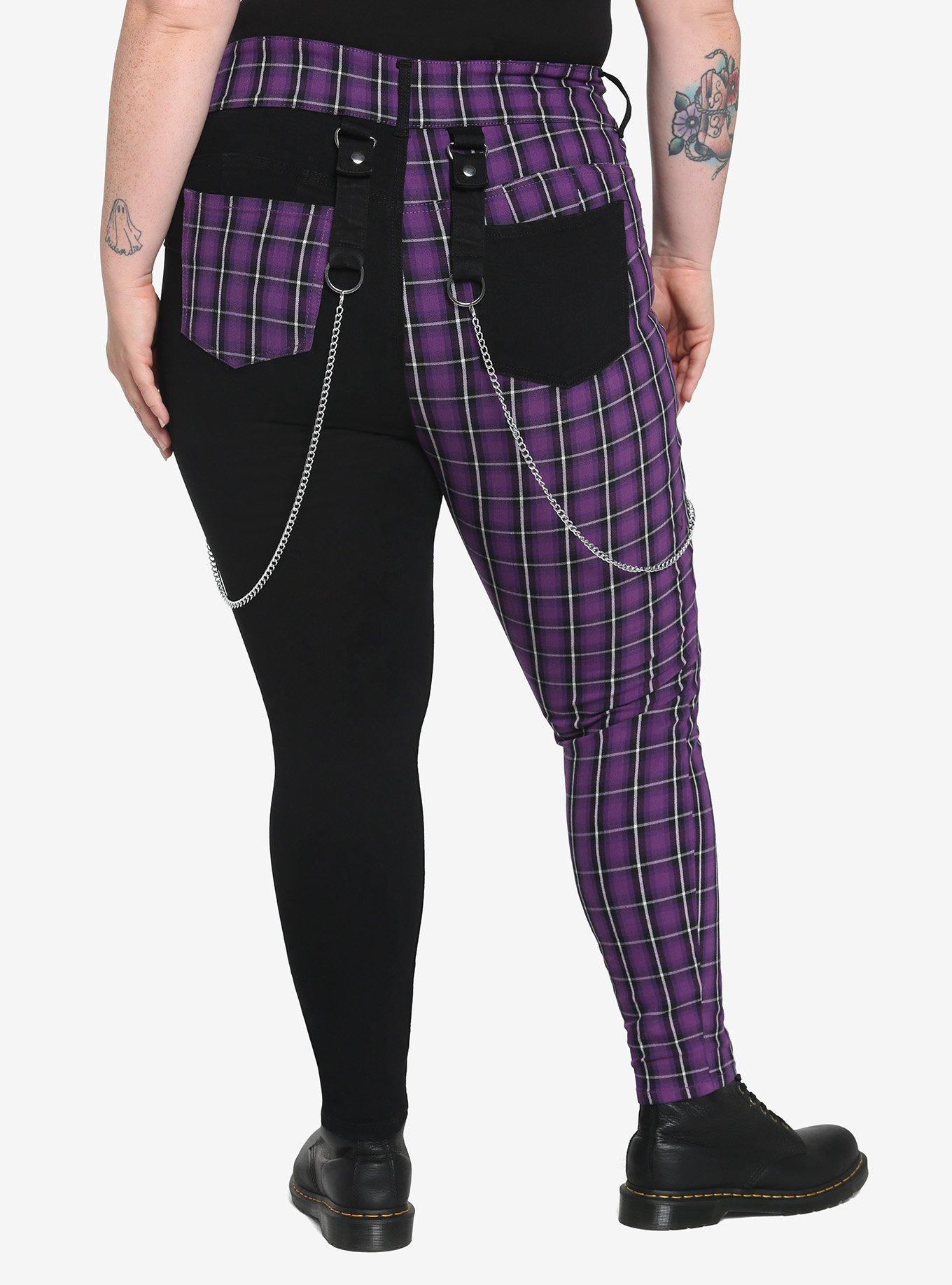 Black & Purple Plaid Split Super Skinny Jeans Plus Size