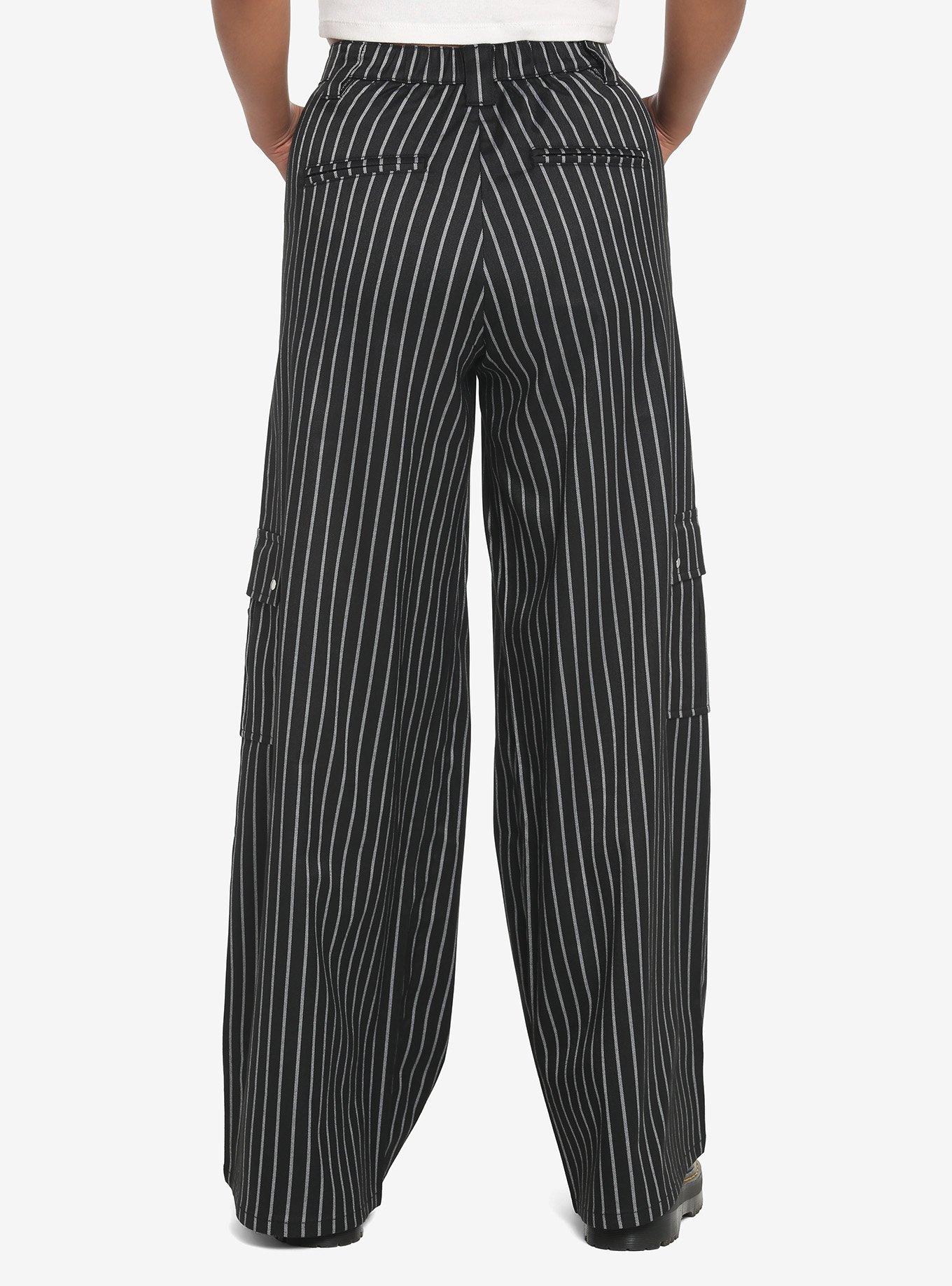 Black Pinstripe Wide Leg Pants, BLACK  WHITE, alternate