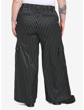 Black Pinstripe Wide Leg Pants Plus Size, , hi-res