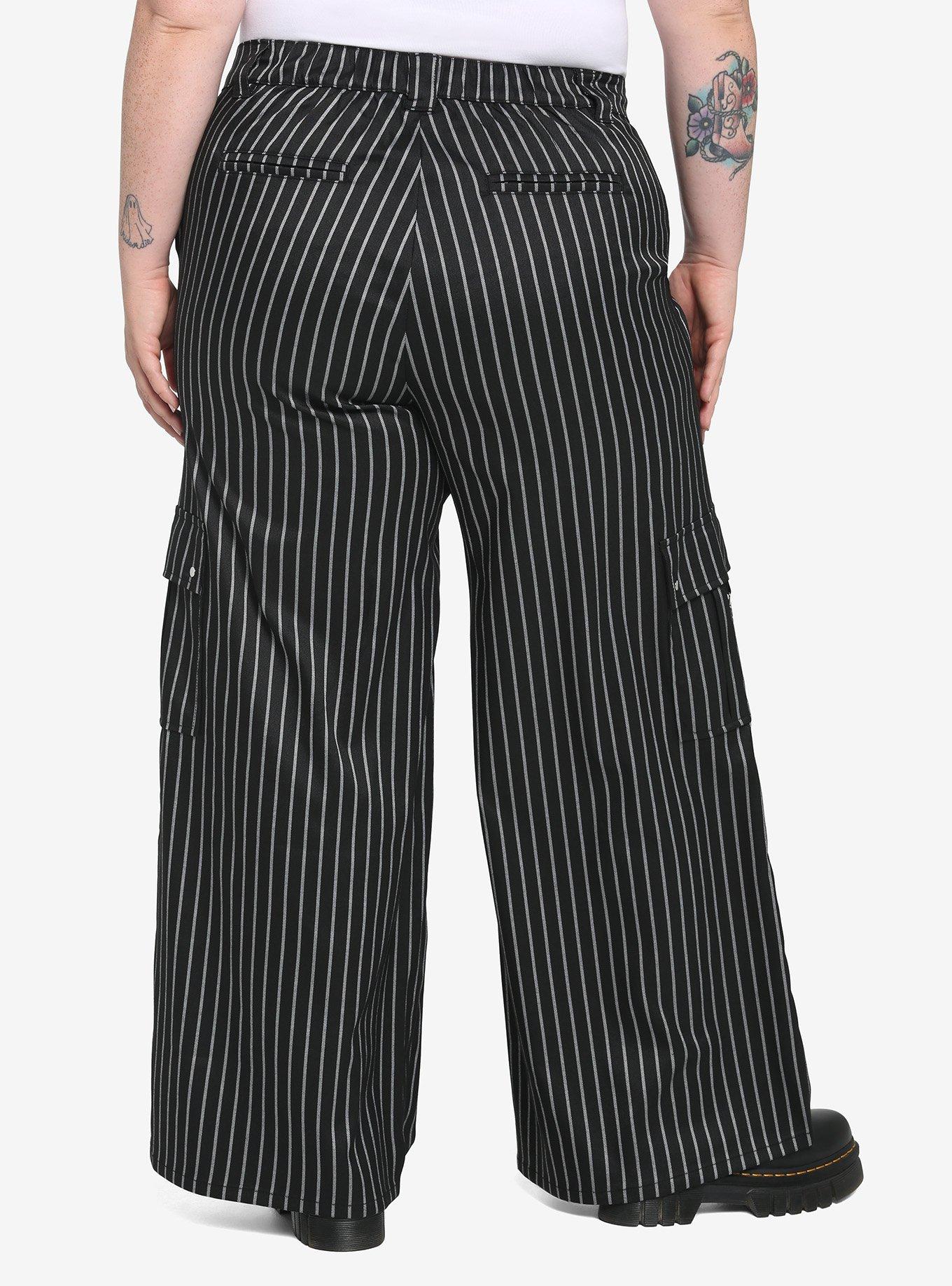 Black Pinstripe Wide Leg Pants Plus Size, BLACK  WHITE, alternate