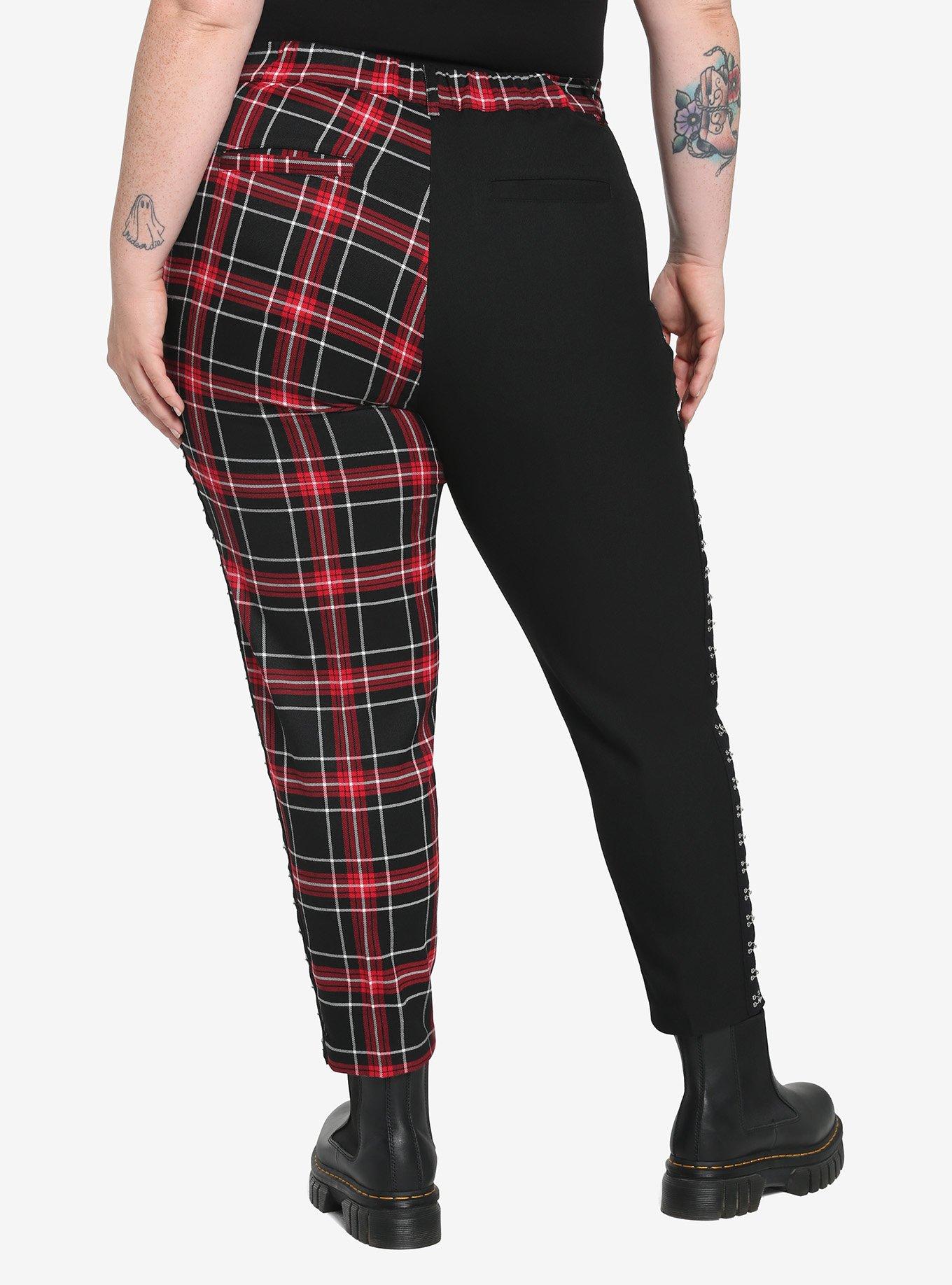 Black & Red Plaid Split Pants Plus Size, BLACK  RED, alternate