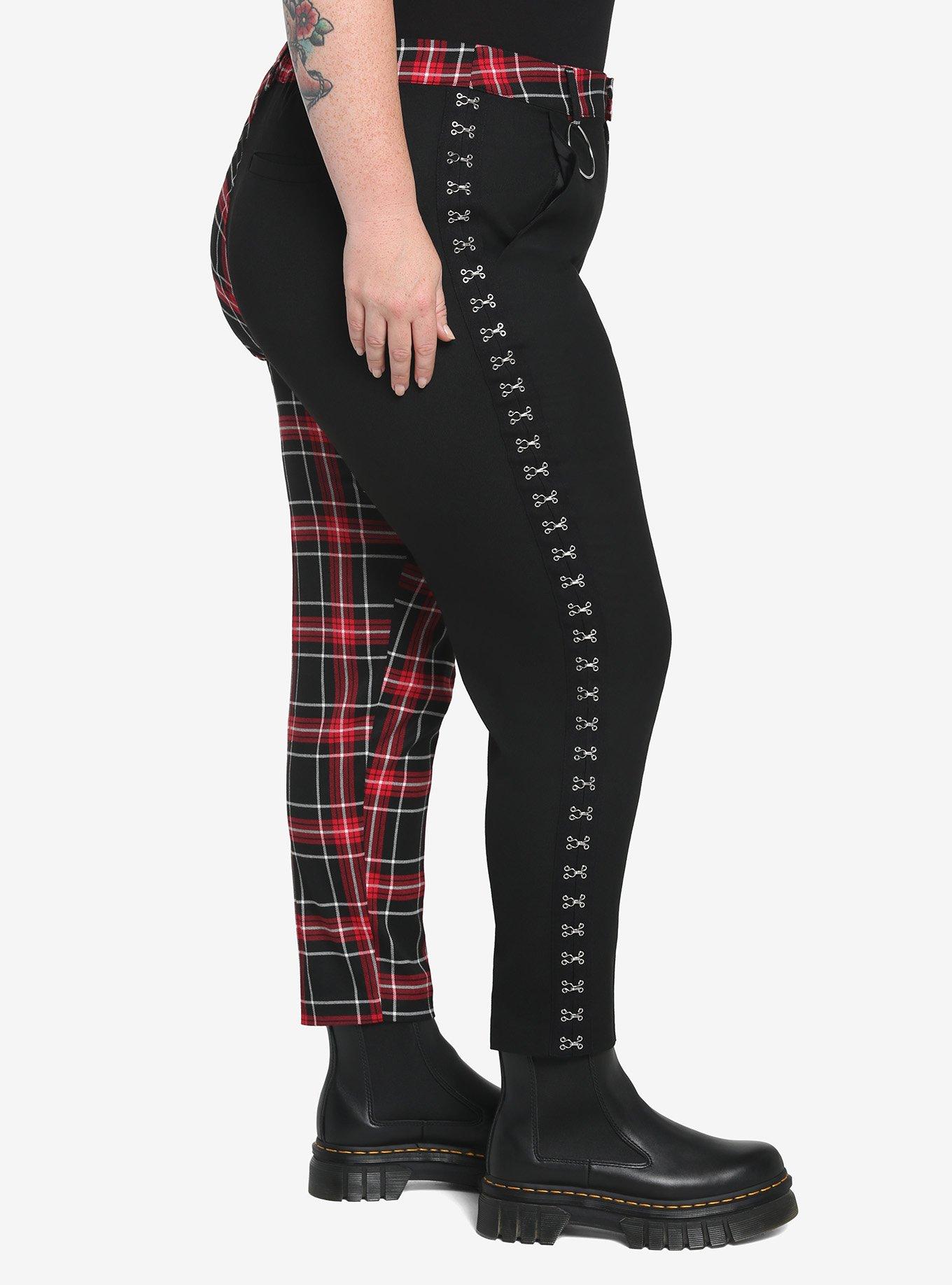 Black & Red Plaid Split Pants Plus Size, BLACK  RED, alternate