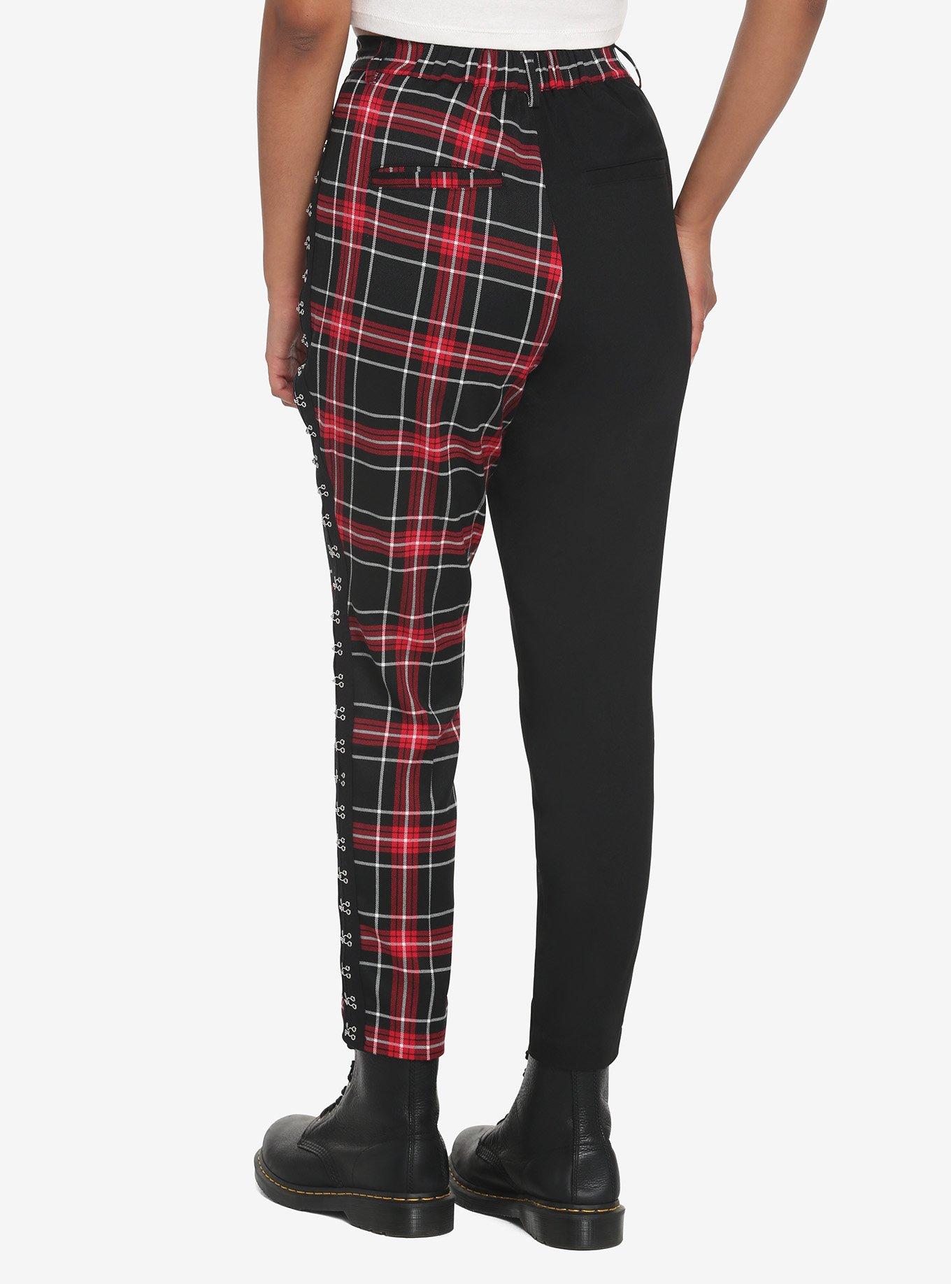 Black & Red Plaid Split Pants, BLACK  RED, alternate