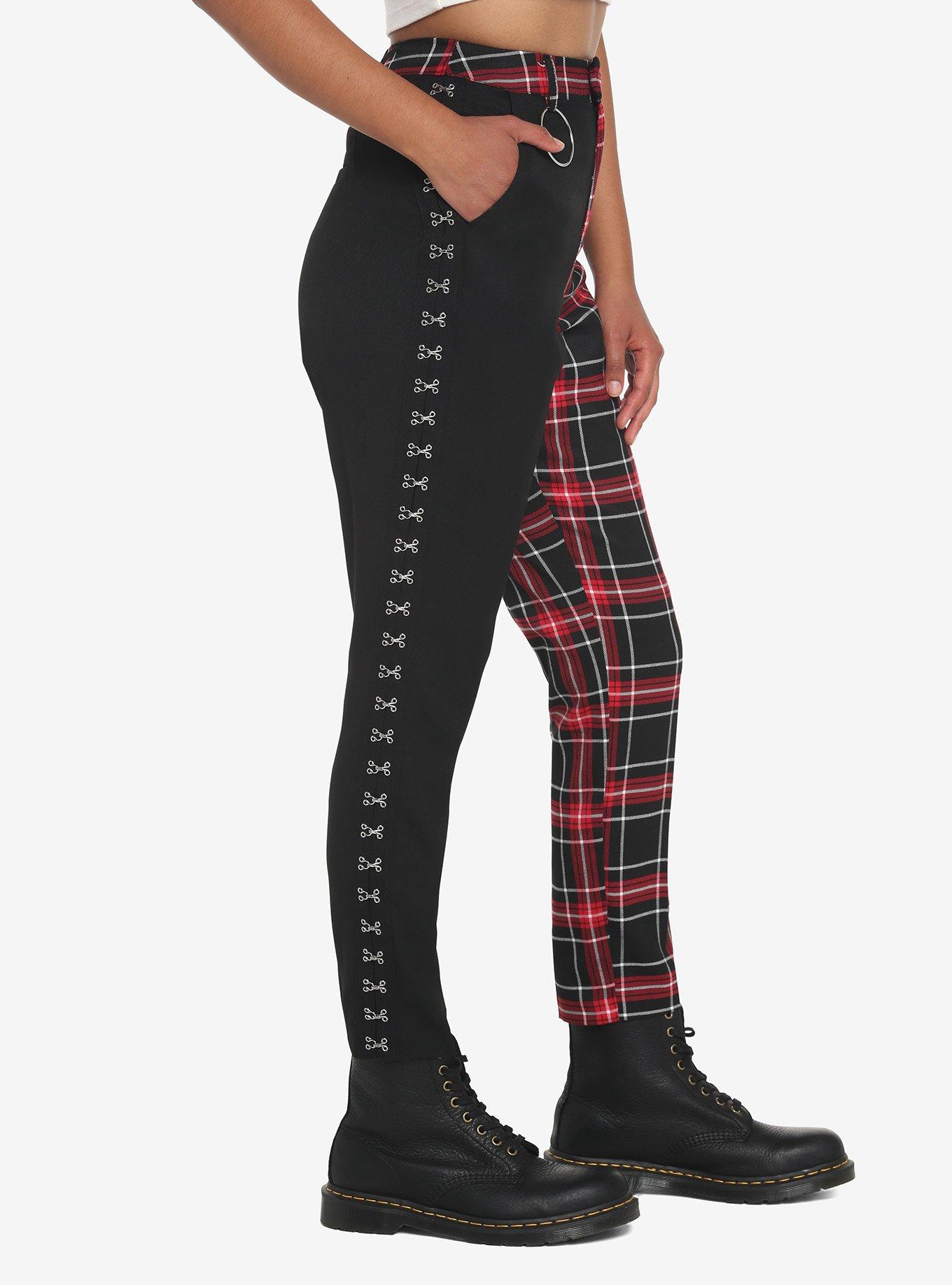 Black & Red Plaid Split Pants, BLACK  RED, alternate