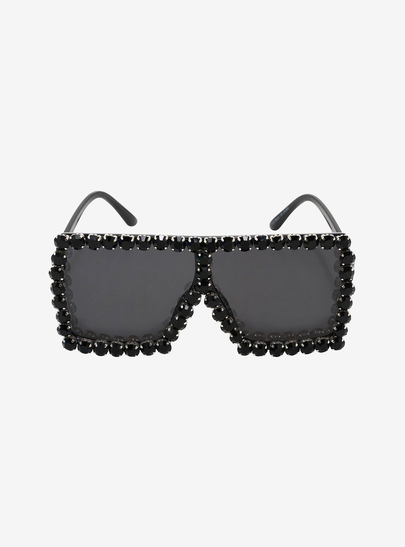 Black Rhinestone Oversize Square Sunglasses, , alternate