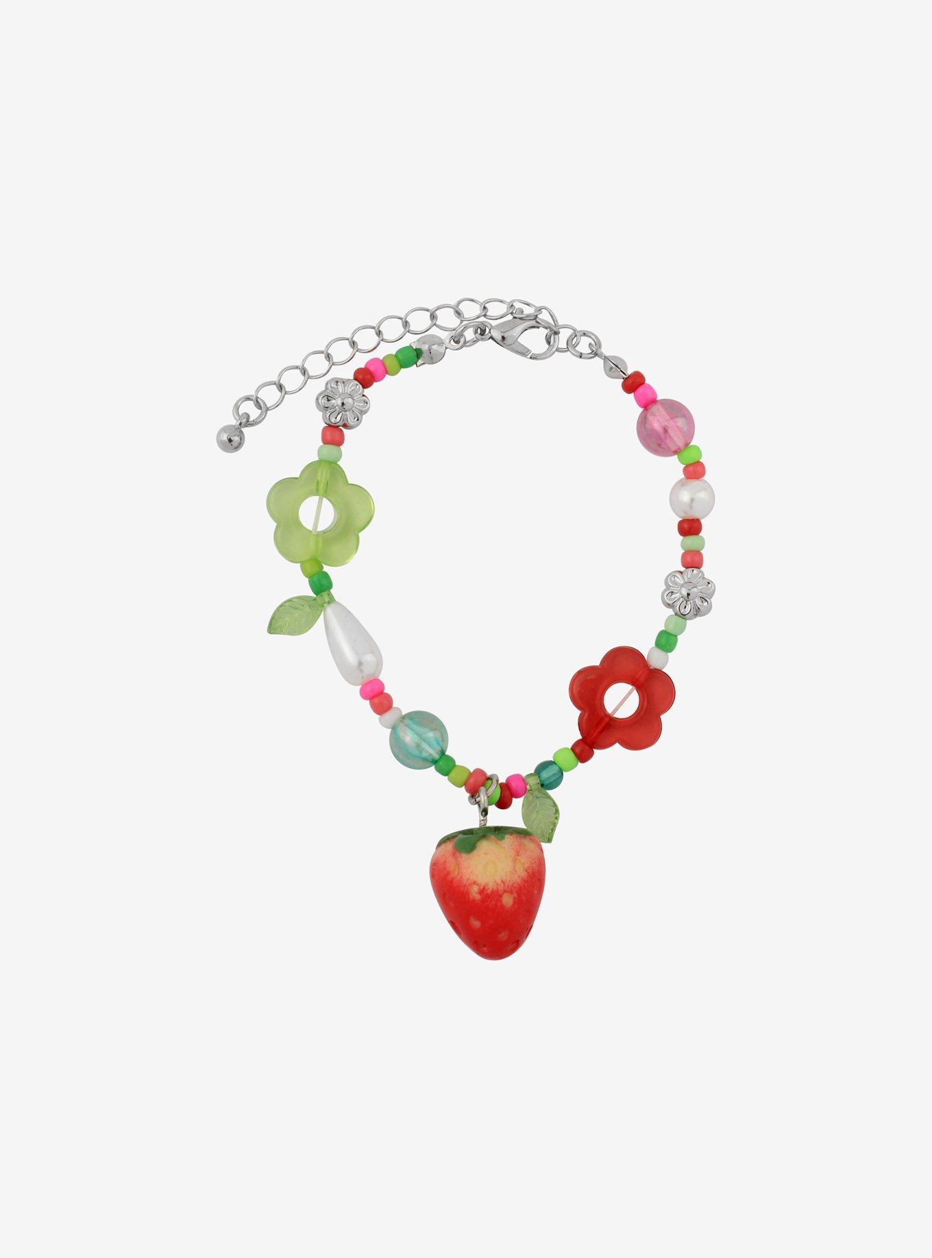Flower Strawberry Charm Beaded Bracelet, , alternate