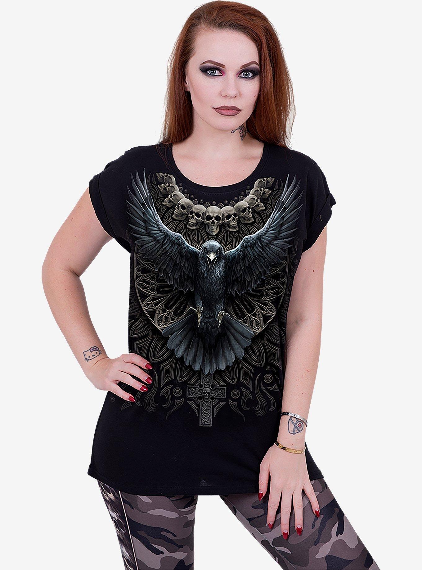 Raven Skull Turnup Sleeve Loose Fit Tee, , hi-res