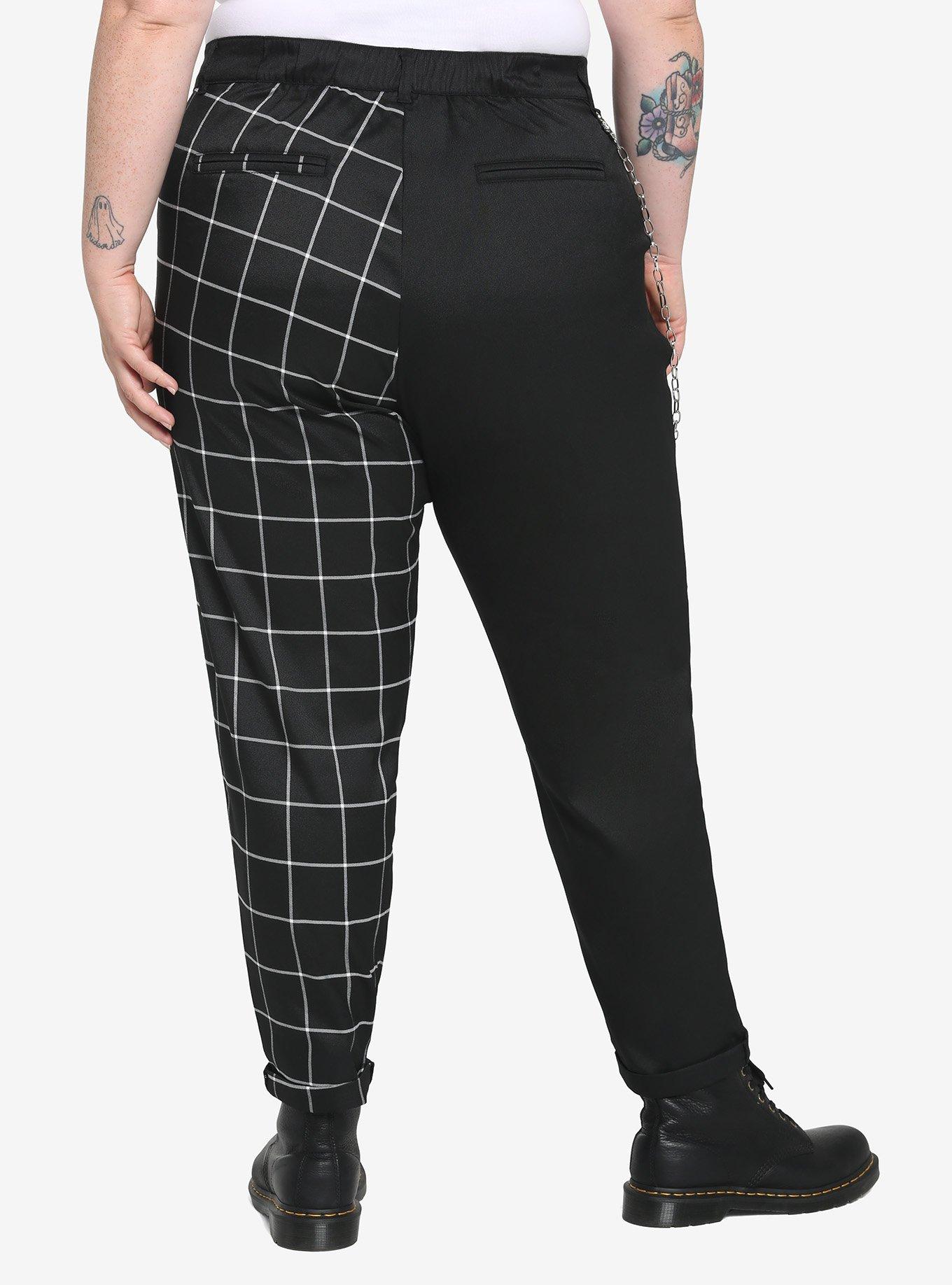 Black & White Split Grid Pants Plus Size, BLACK  WHITE, alternate