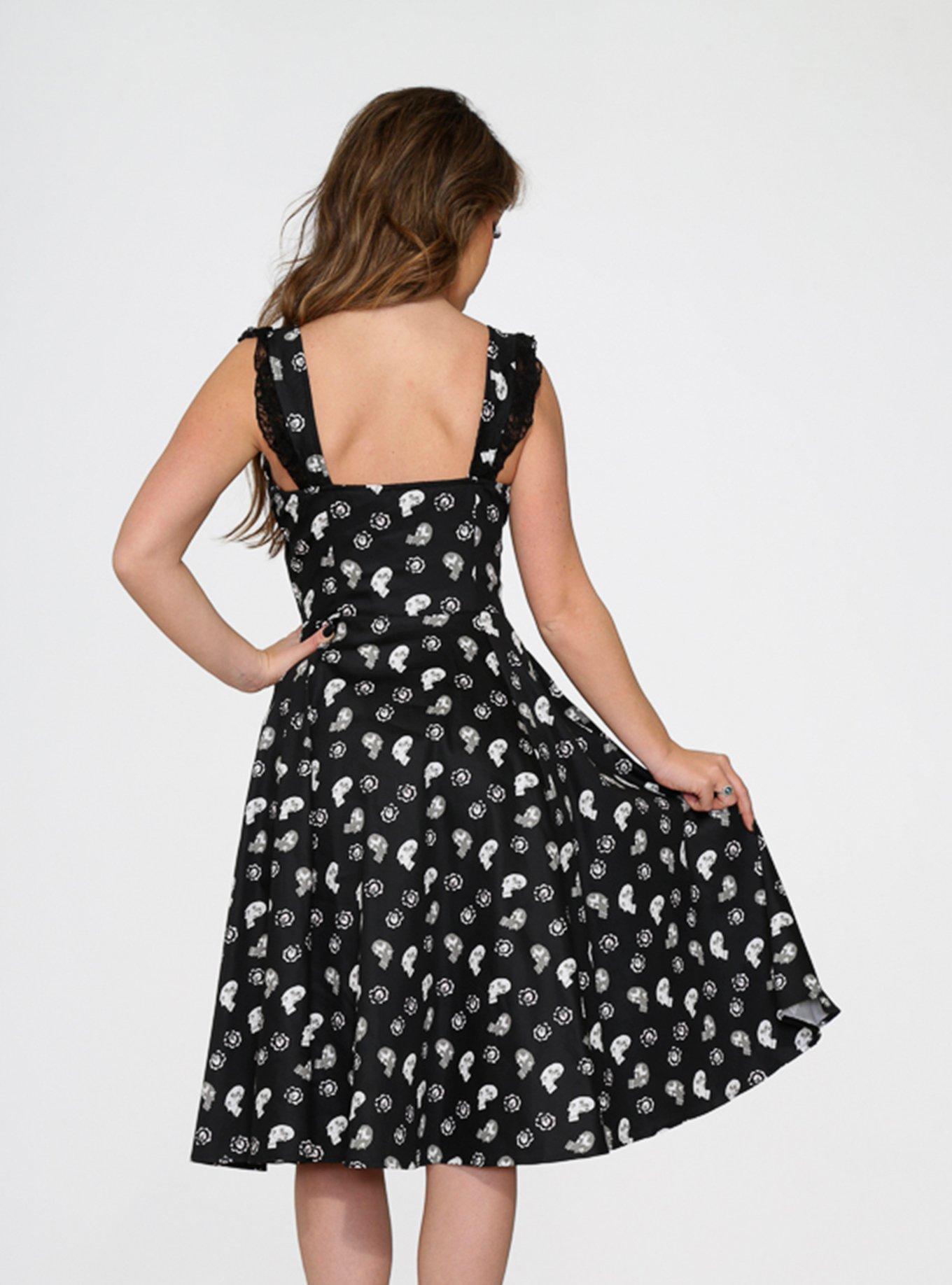 Black Skulls Lace Up Front Dress, , hi-res