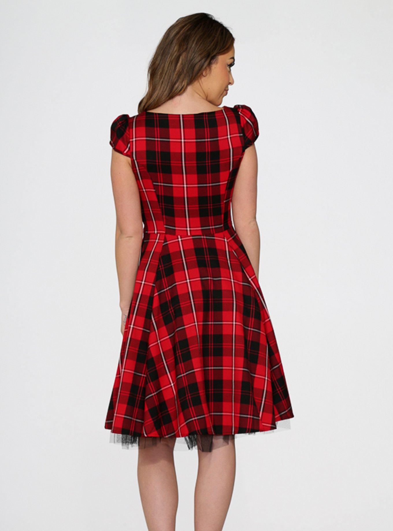 Red Plaid Cap Sleeve Swing Dress, BLACK  RED, alternate