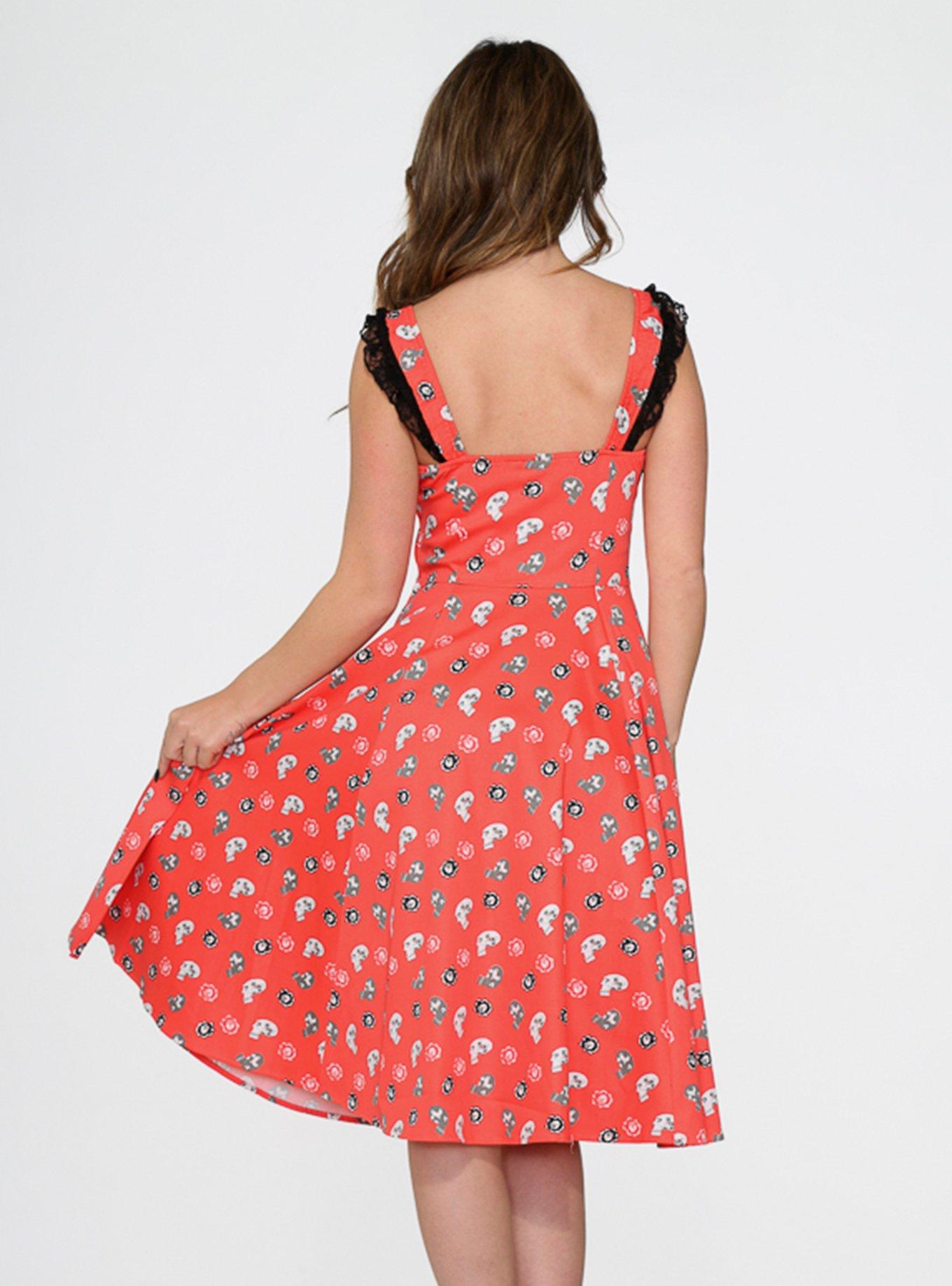 Red Skulls Lace Up Front Dress , , hi-res