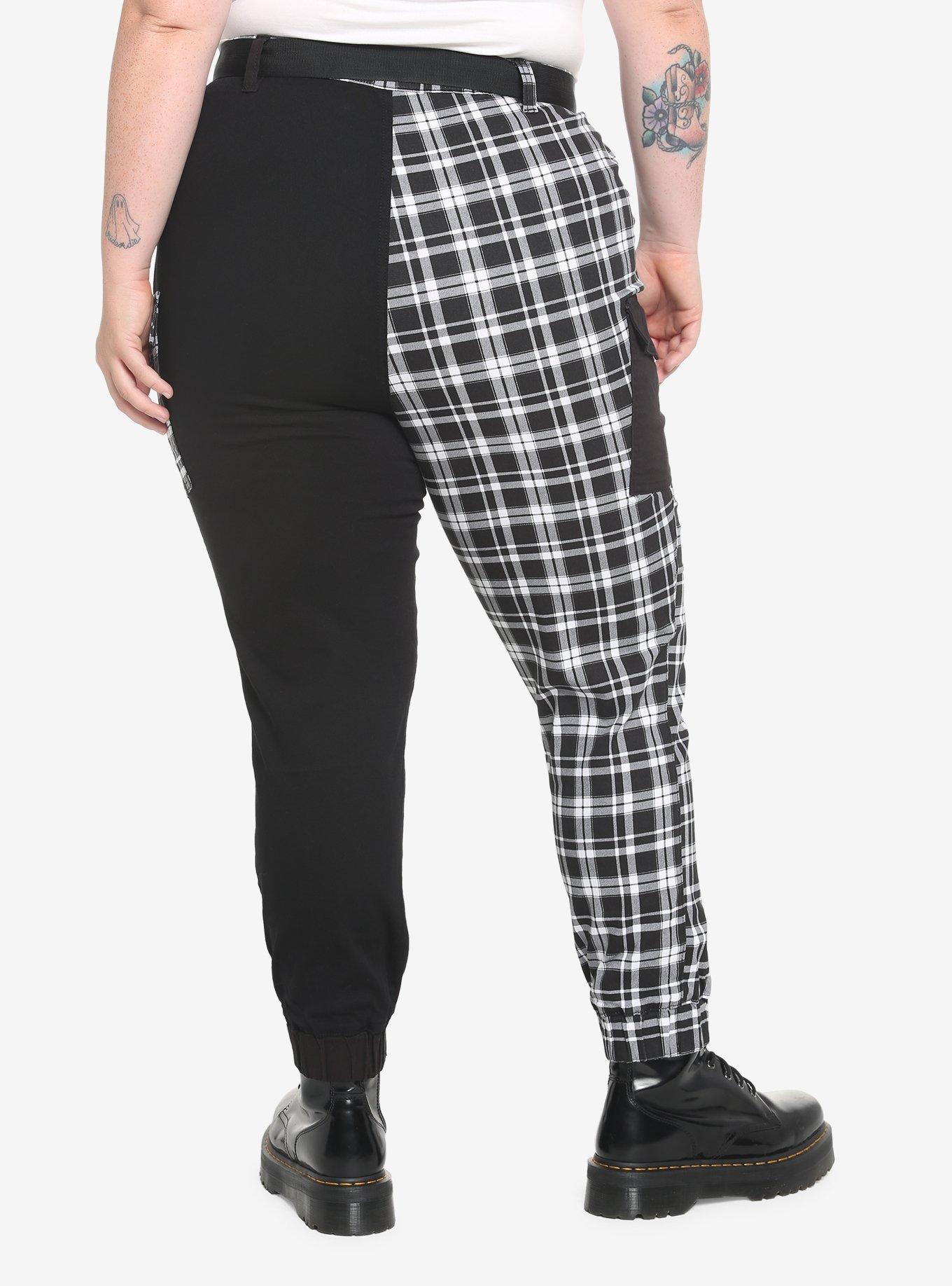 Black & White Plaid Split Cargo Jogger Pants Plus Size, BLACK, alternate