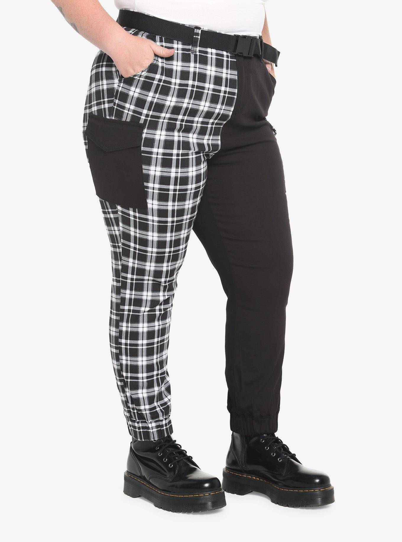 Black & White Plaid Split Cargo Jogger Pants Plus Size, BLACK, alternate