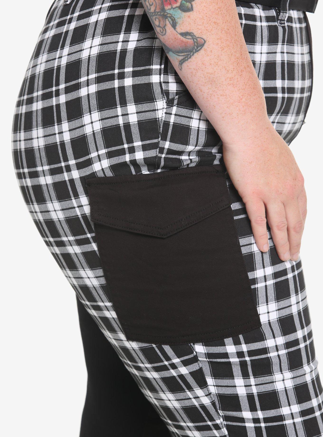 Black & White Plaid Split Cargo Jogger Pants Plus Size, BLACK, alternate